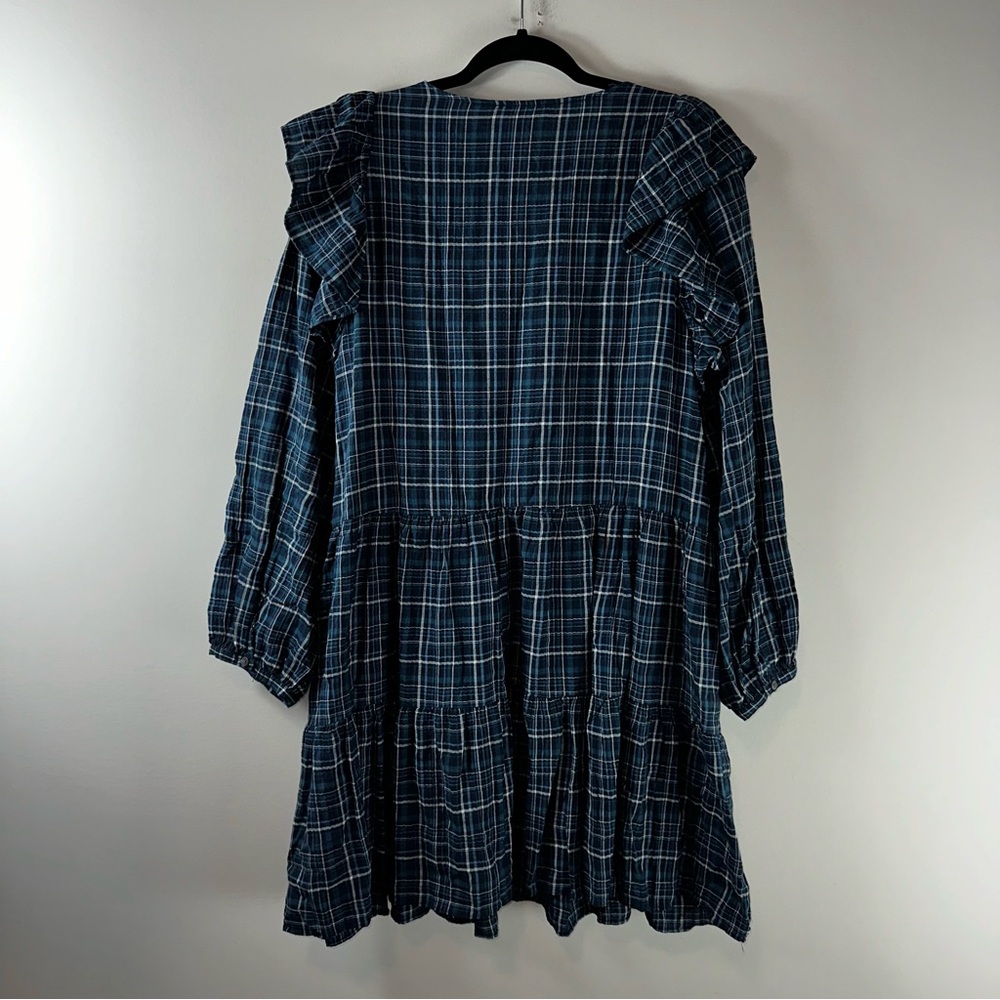 Madewell Anaya Blue Plaid Ruffle Blue Plaid Mini Dress Women Size XL - Picture 6 of 11